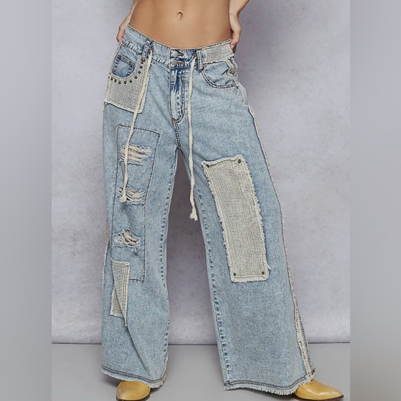 POL Denim - New Bestseller POL : blue denim crochet pocket patchwork wide leg Jean.